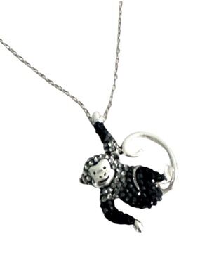 JCM Crystal Monkey Pendant Necklace Sterling Silver Black
